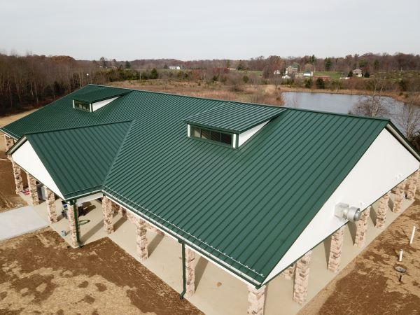 Green standing seam metal roof on commercial building, Cincinnati, Ohio