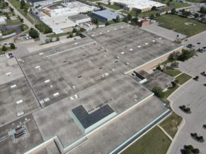 Aerial view of large low-slope commercial EPDM roof